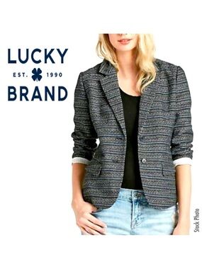 Lucky Brand Cropped Black White Blue Blazer Jacket Contrasting 3/4 Sleeves (8)